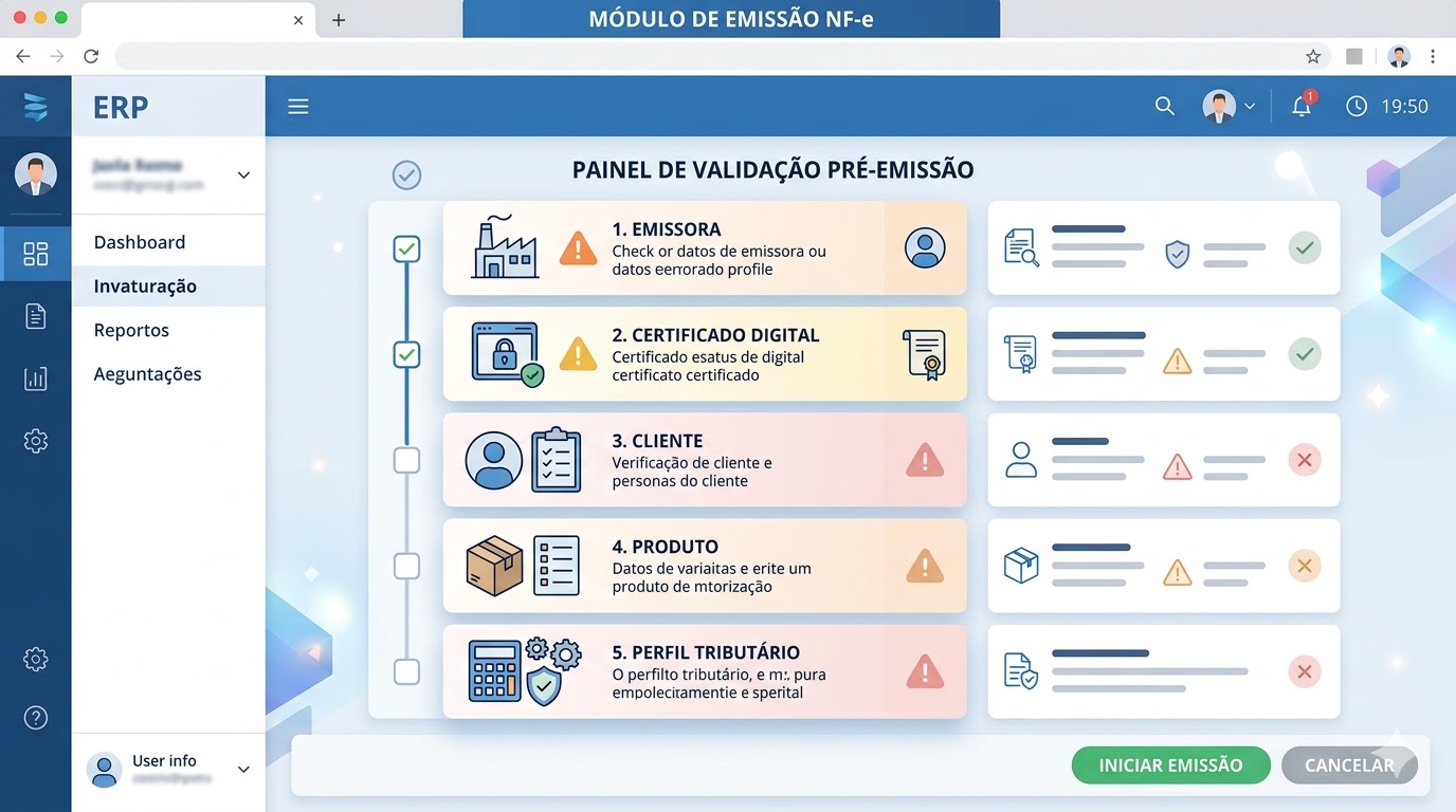 Painel do sistema destacando problemas de configuração antes da emissão da NF-e